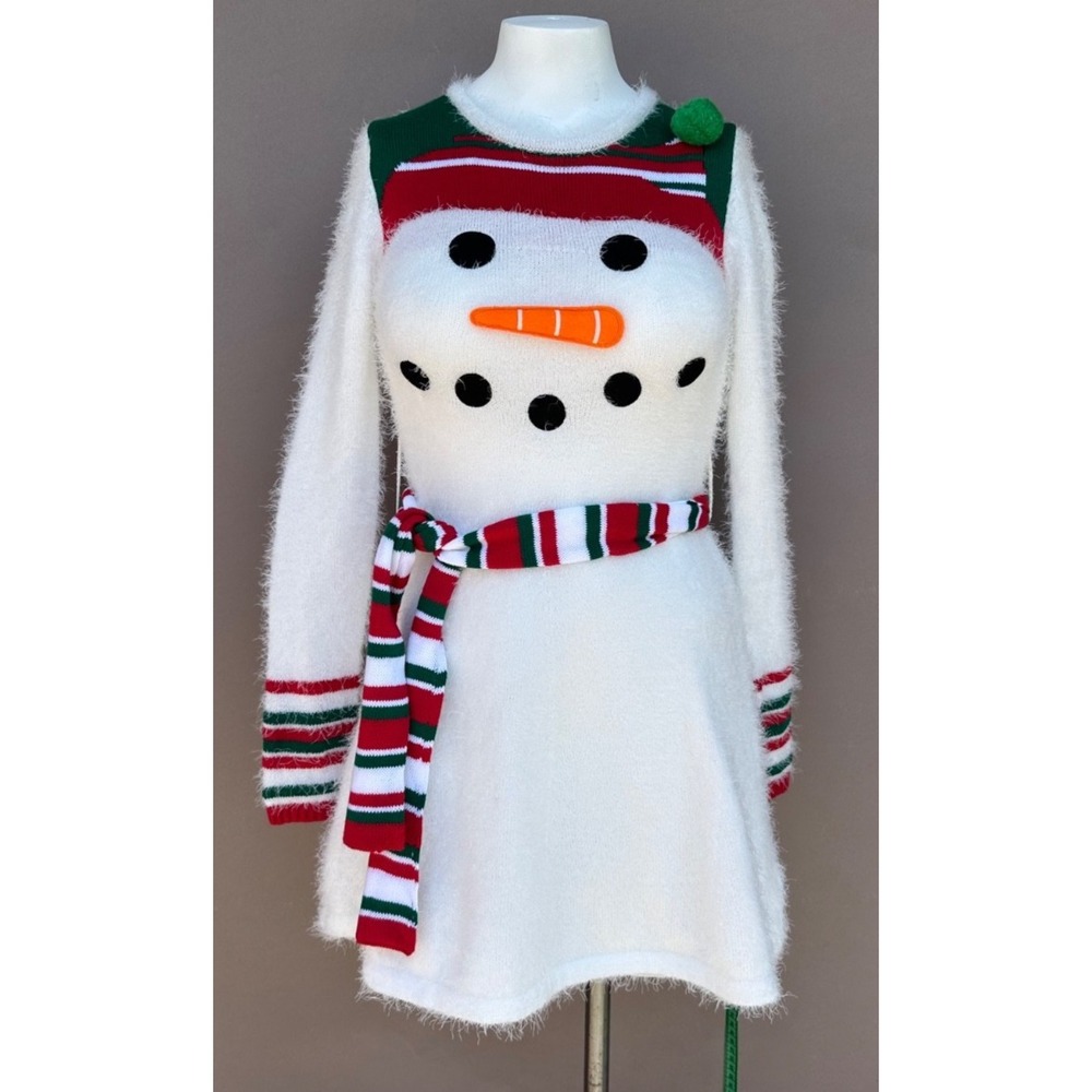 Women's Snowman Christmas Fuzzy Stretchy Sweater Dress Size XS Party Holiday NEW - Picture 12 of 13